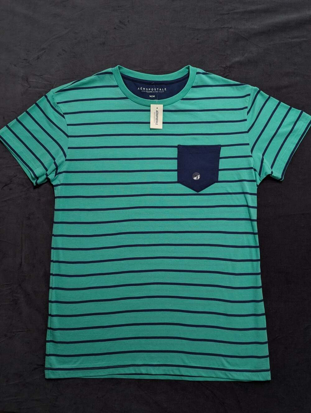 Aeropostale Men's Striped Pocket Crew Neck T-Shirt Green/Navy